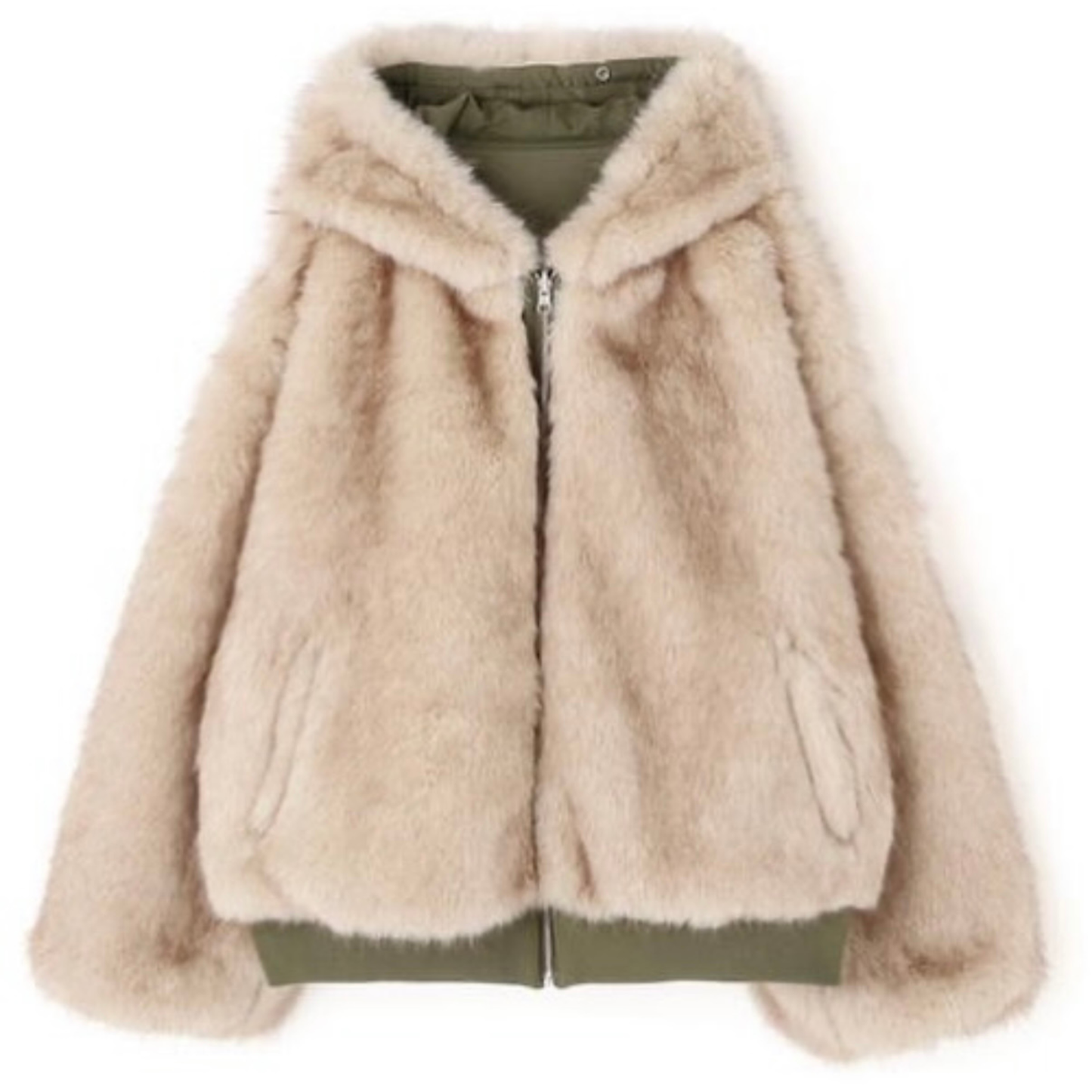 MITSUKI Reversible Fur Hoodie Jacket - Khaki / Beige Fur