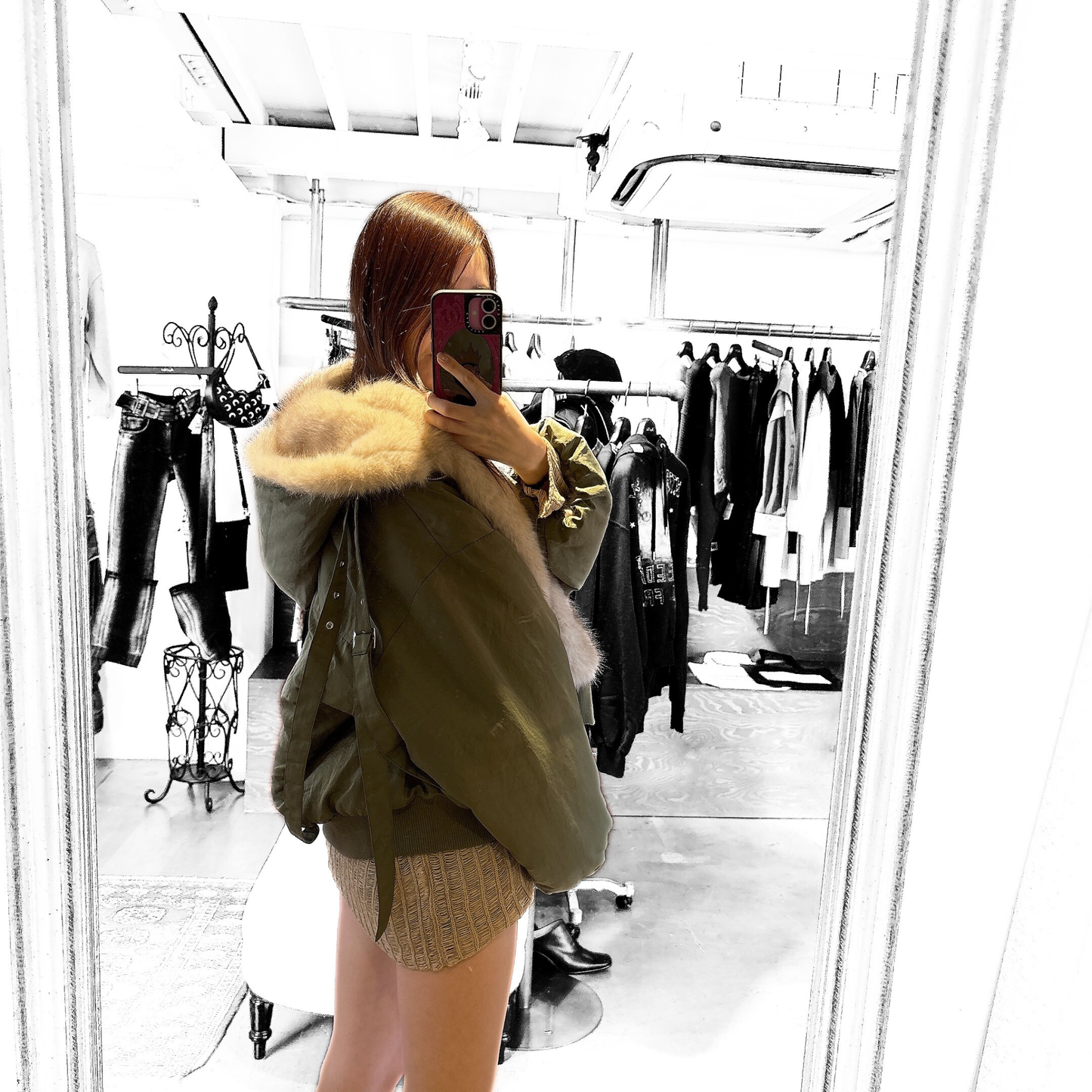 MITSUKI Reversible Fur Hoodie Jacket - Khaki / Beige Fur