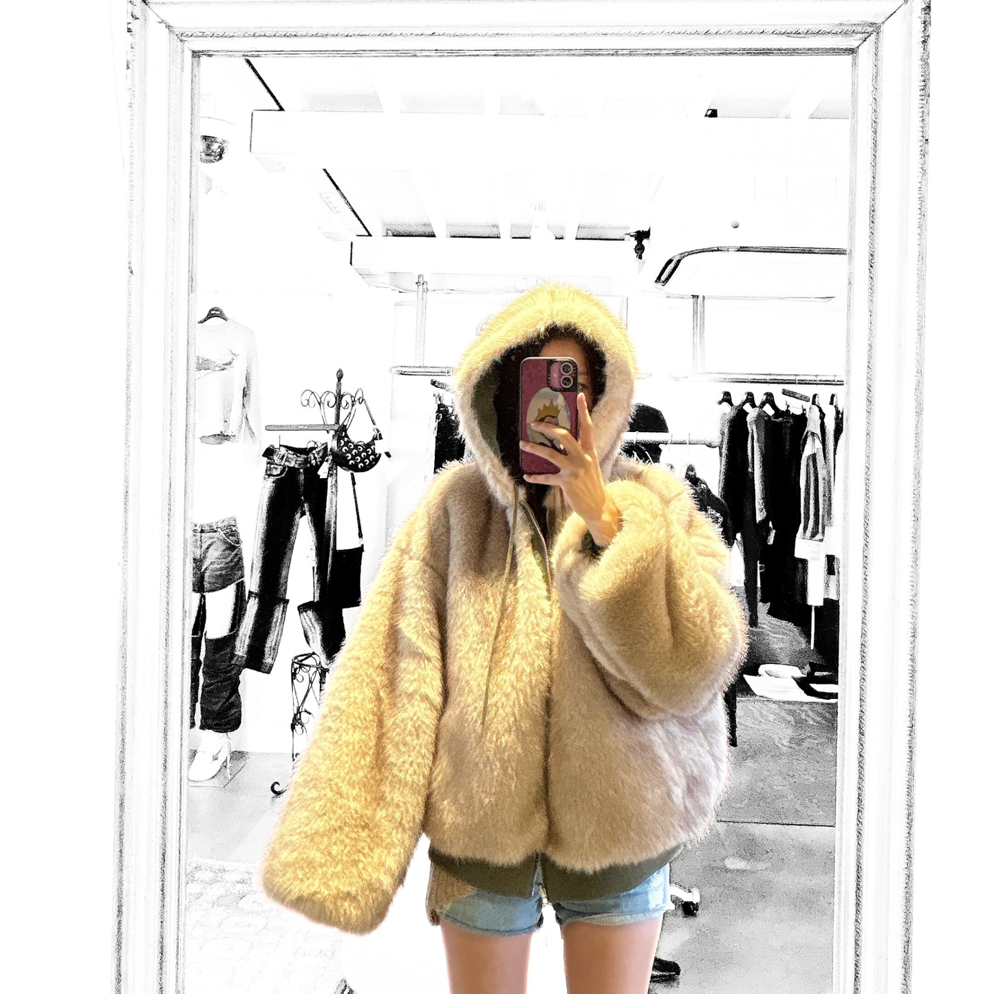 MITSUKI Reversible Fur Hoodie Jacket - Khaki / Beige Fur