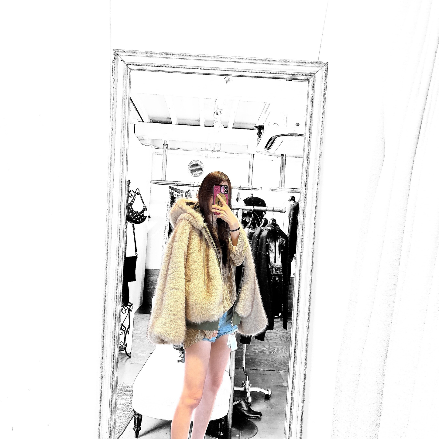 MITSUKI Reversible Fur Hoodie Jacket - Khaki / Beige Fur