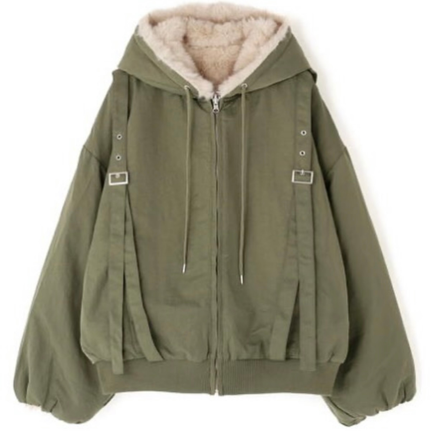 MITSUKI Reversible Fur Hoodie Jacket - Khaki / Beige Fur