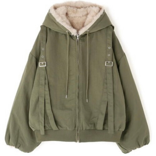 MITSUKI Reversible Fur Hoodie Jacket - Khaki / Beige Fur